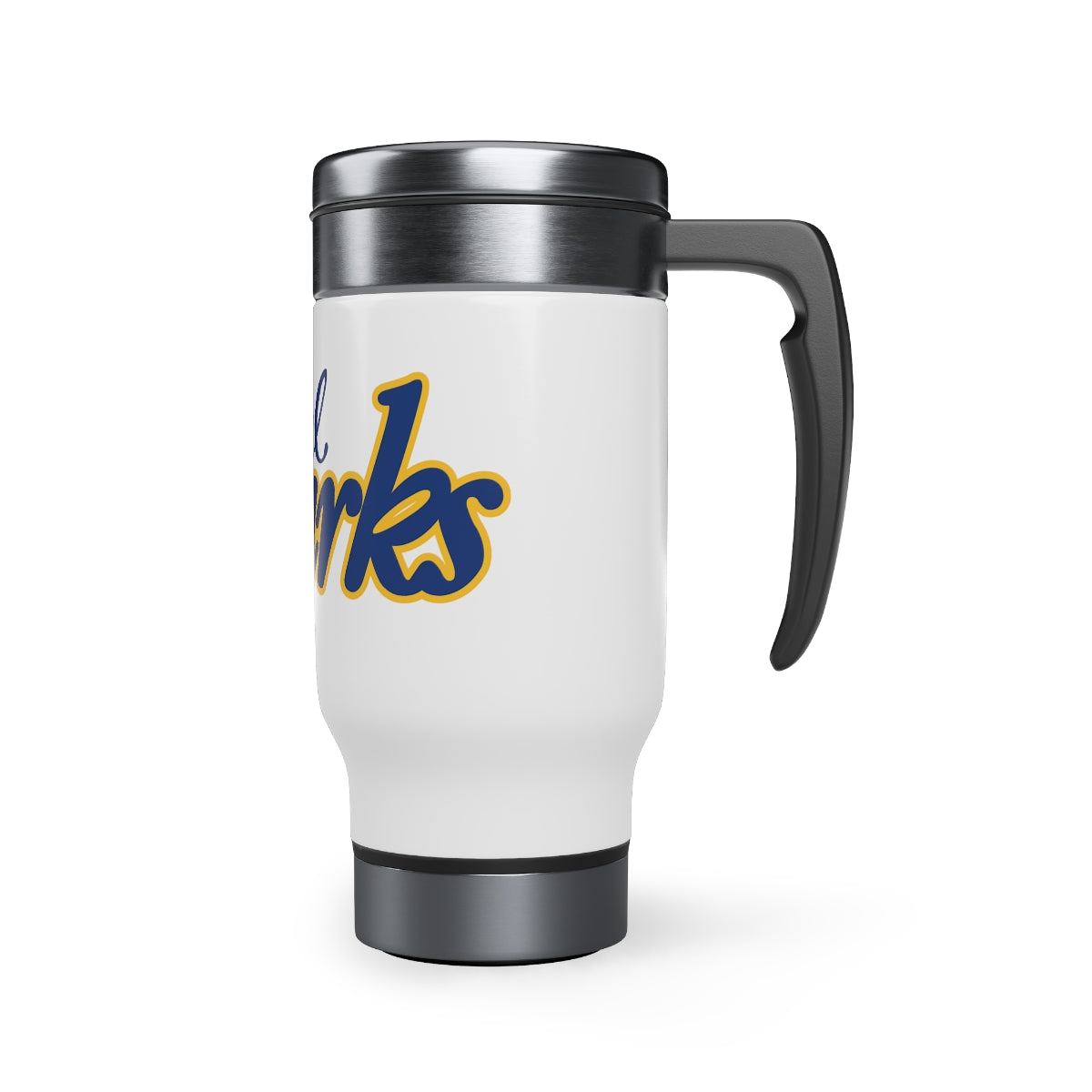 White Cal Sparks, Stainless Steel Travel Mug with Handle, 14oz