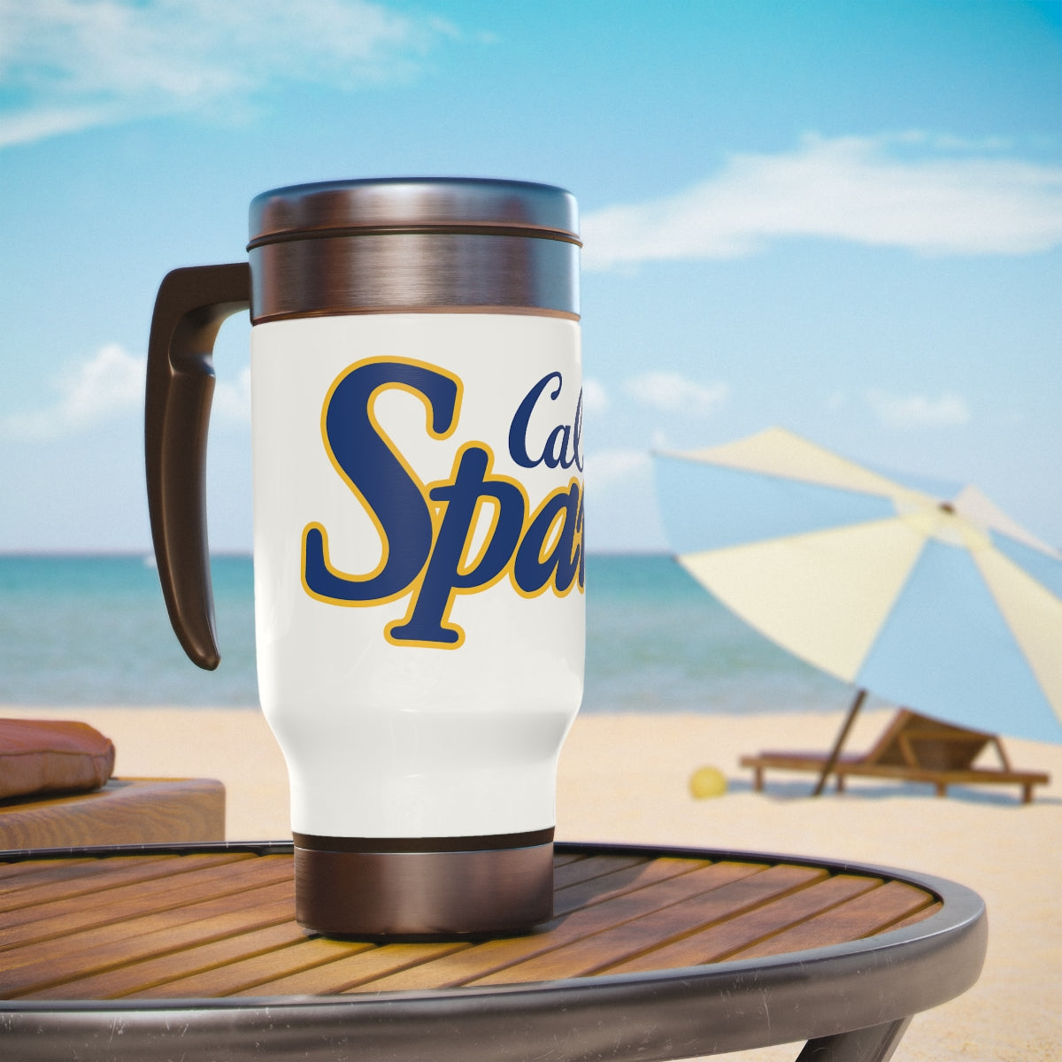 White Cal Sparks, Stainless Steel Travel Mug with Handle, 14oz